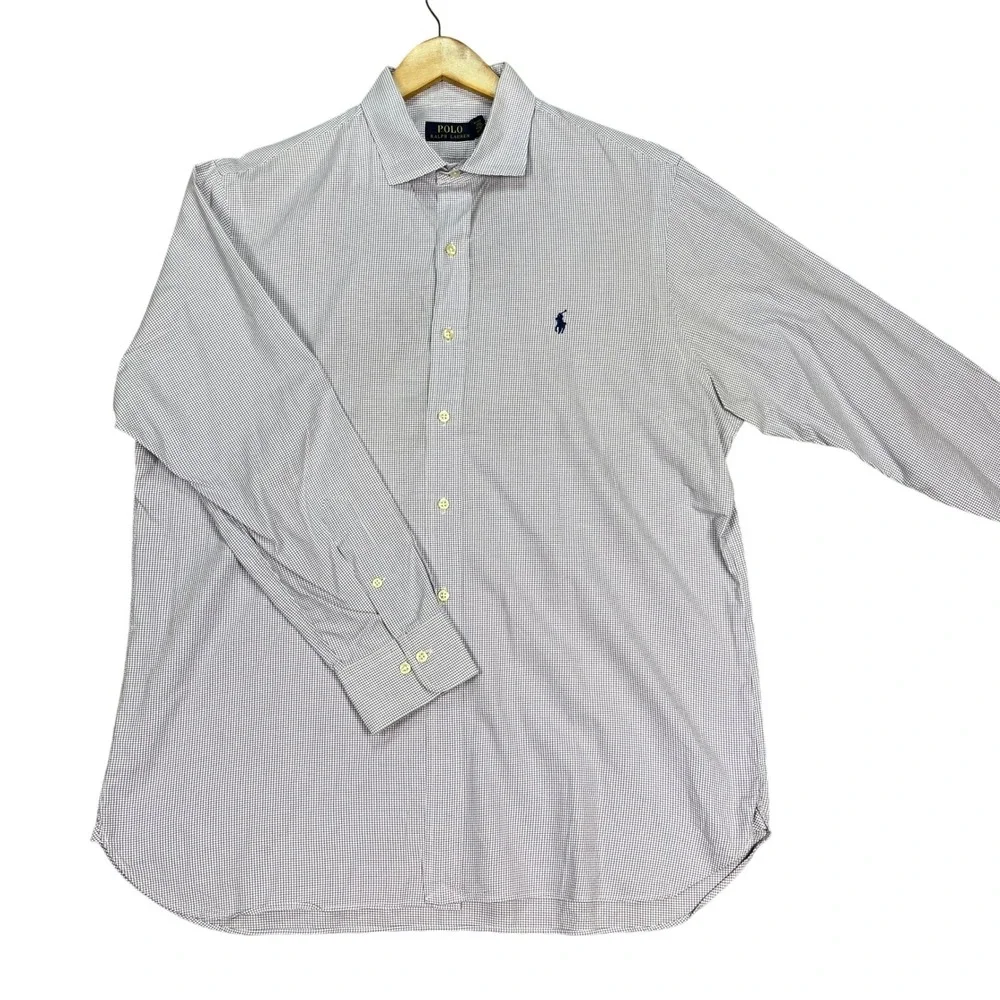 Polo Ralph Lauren Button Down Shirt Mens 16.5 32-33 Purple White Grid Check PONY